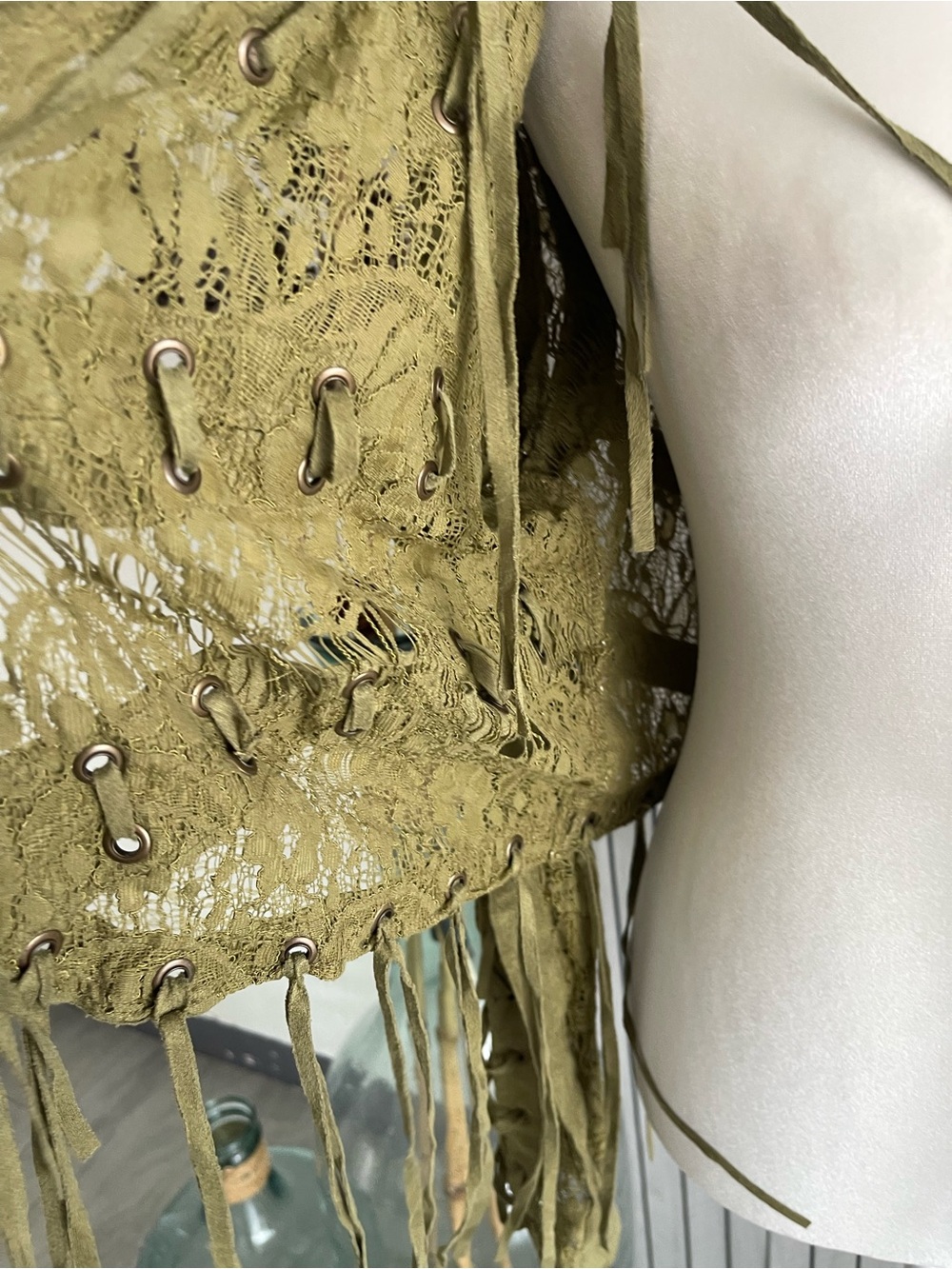 Vocal Olive Green Fringe Lace-Up Leather Jacket - Picture 5 of 8